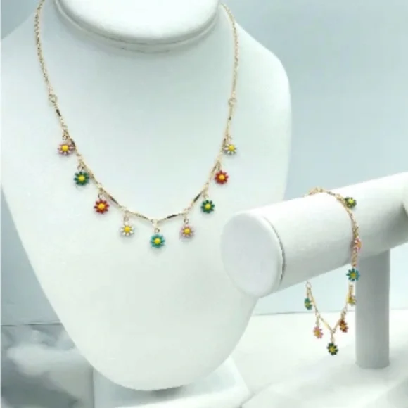 Gold filled Floral Charm Necklace and Bracelet Set - Picture 1 of 1